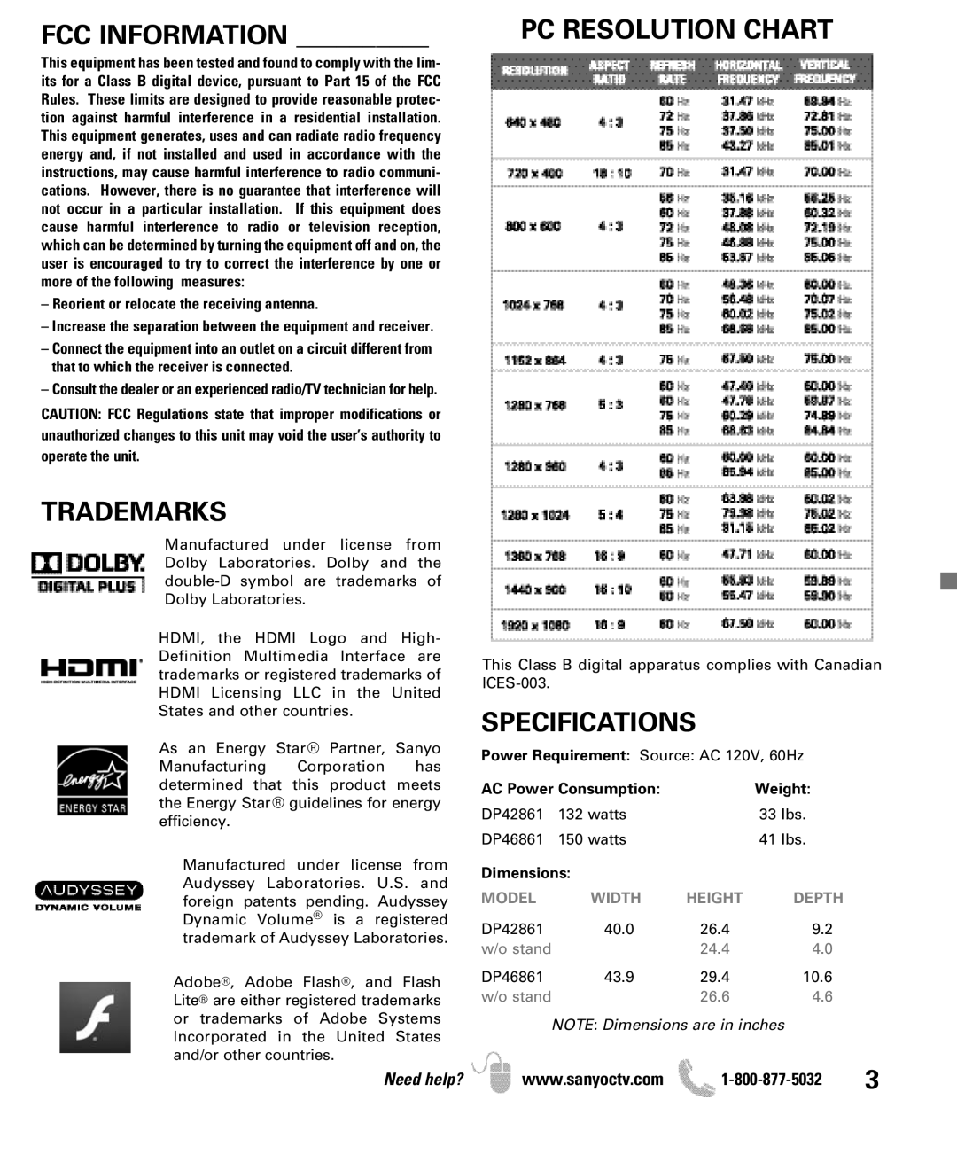 Sanyo DP42861 manual FCC Information, Trademarks, PC Resolution Chart, Specifications 