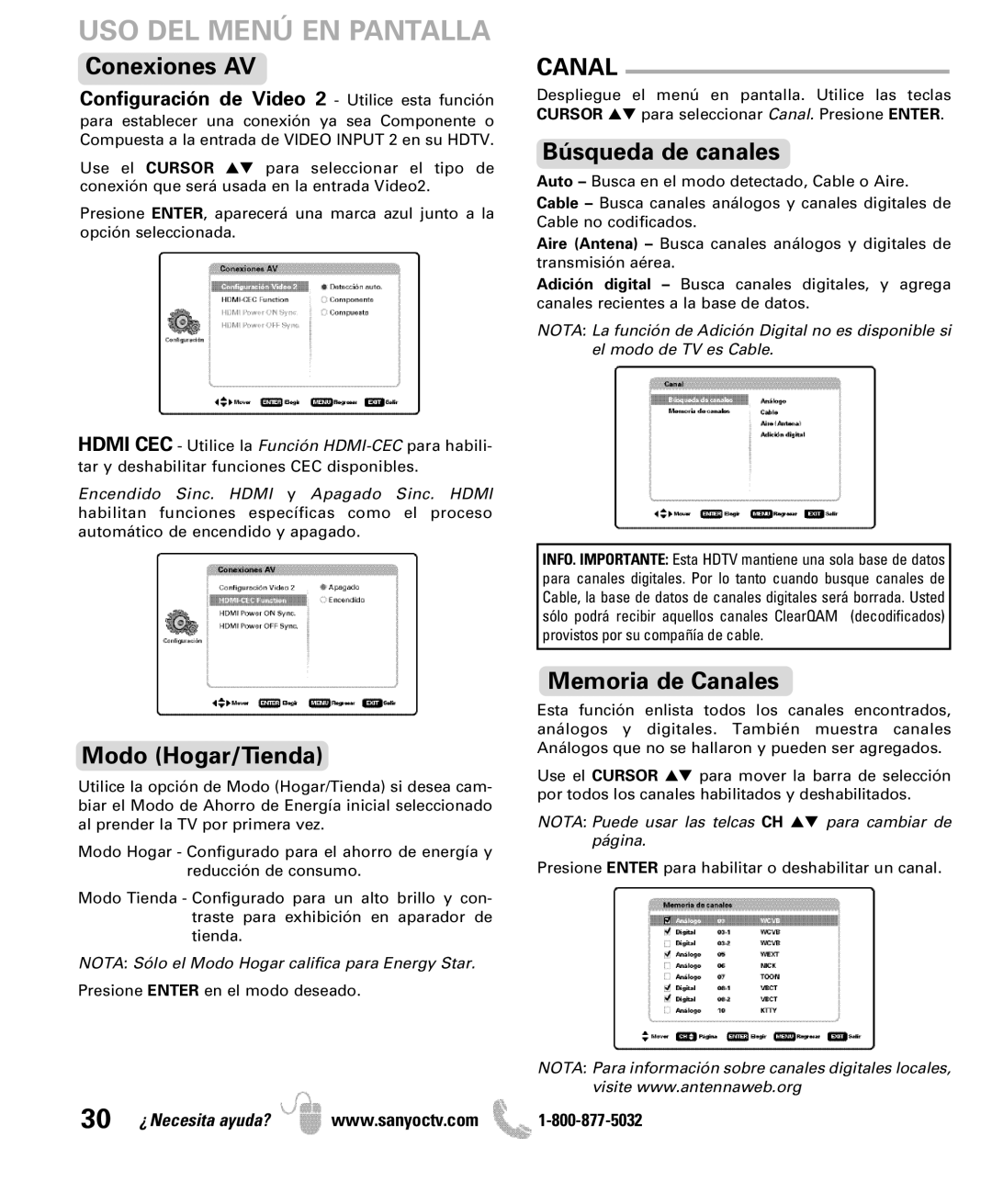 Sanyo DP42861 manual Conexiones AV, Modo Hogar/Tienda, Búsqueda de canales, Memoria de Canales 