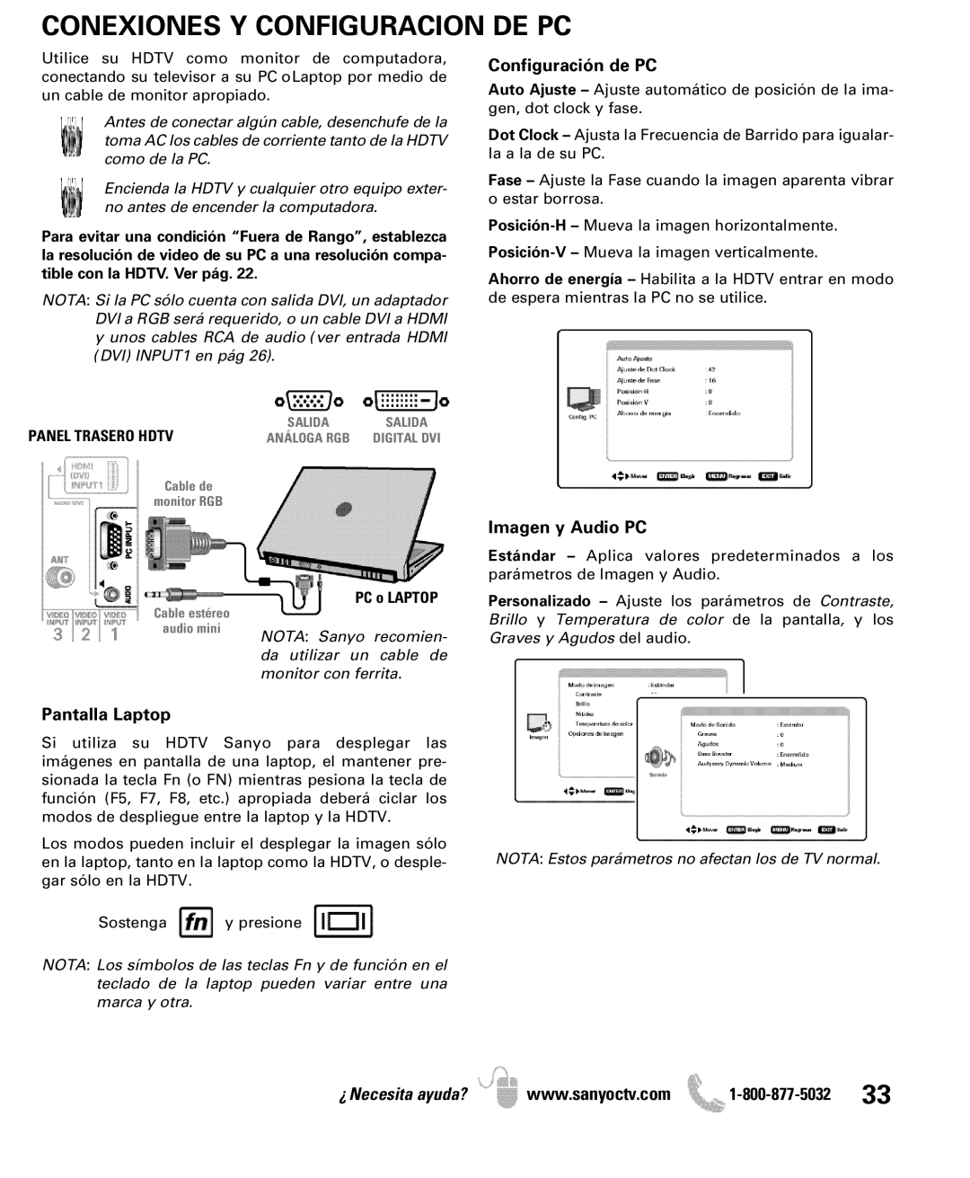 Sanyo DP42861 manual Conexiones Y Configuracion DE PC, Configuración de PC, Imagen y Audio PC, Pantalla Laptop 