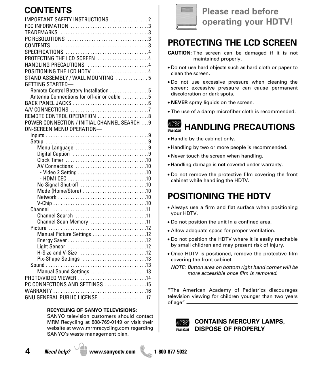 Sanyo DP42861 manual Contents, Protecting the LCD Screen, Handling Precautions, Positioning the Hdtv 