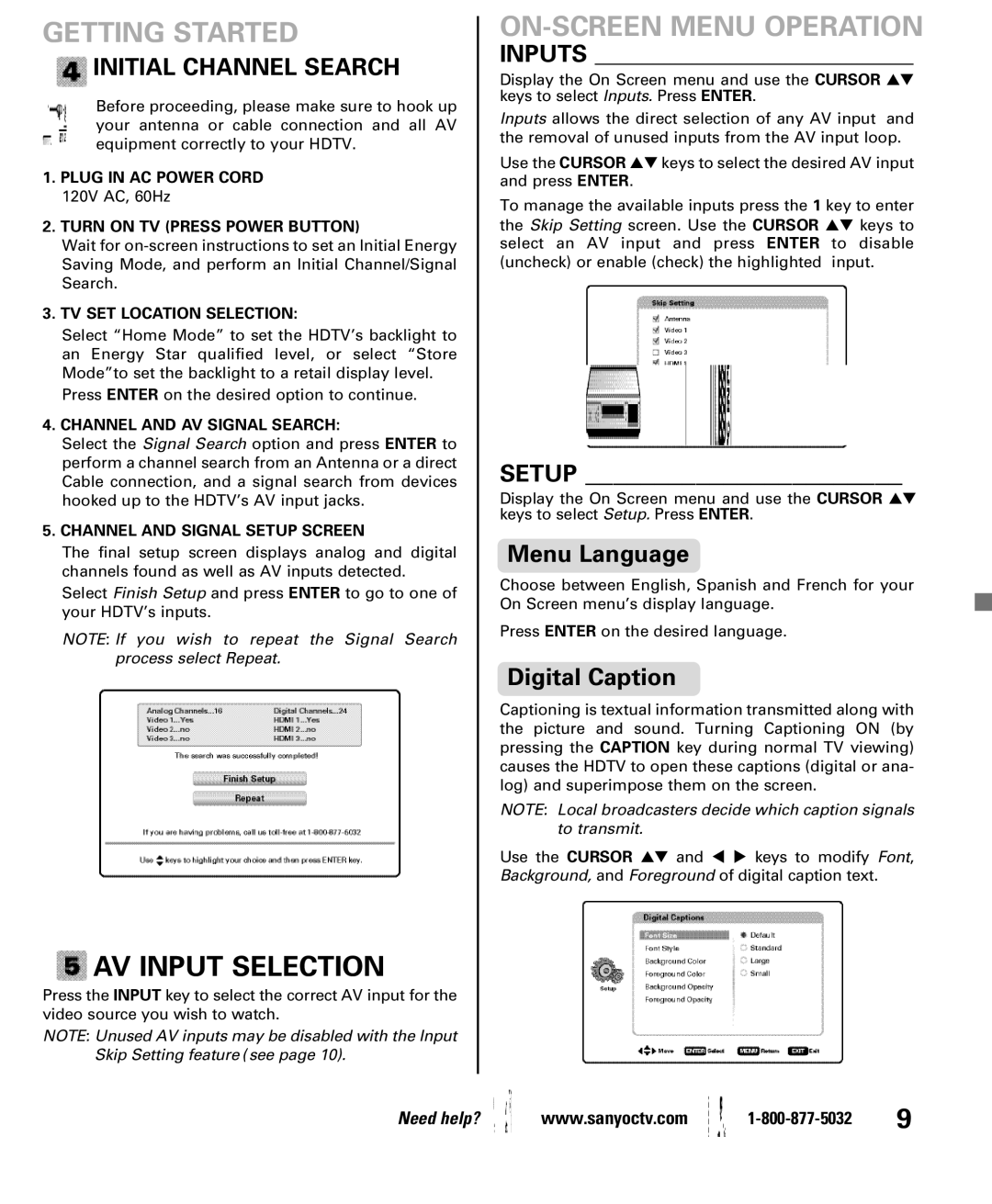 Sanyo DP42861 manual AV Input Selection, ON-SCREEN Menu Operation, Initial Channel Search 