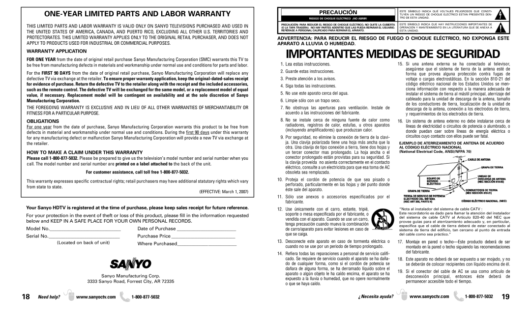 Sanyo DP46819 owner manual ONE-YEAR Limited Parts and Labor Warranty, Precaución, Warranty Application, Obligations 