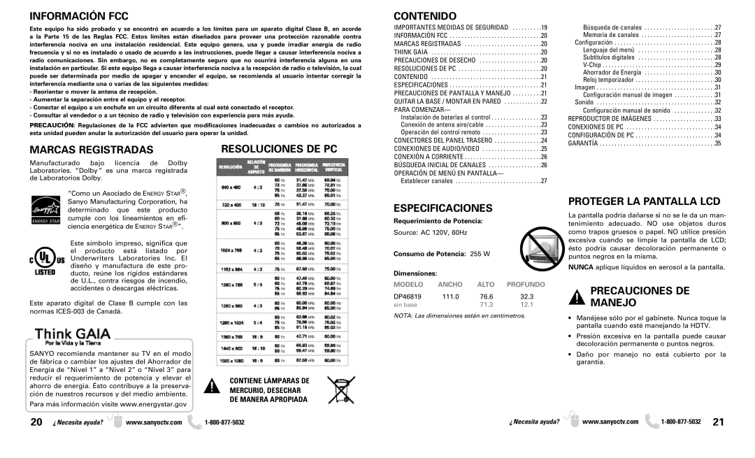 Sanyo DP46819 Información FCC, Contenido, Marcas Registradas, Resoluciones DE PC, Especificaciones, Precauciones DE Manejo 