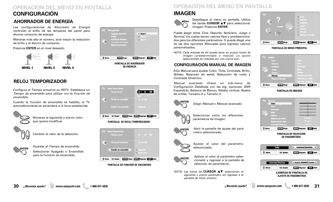 Sanyo DP46819 owner manual Operación DEL Menú EN Pantalla Configuración, Imagen, Ahorrador DE Energía, Reloj Temporizador 