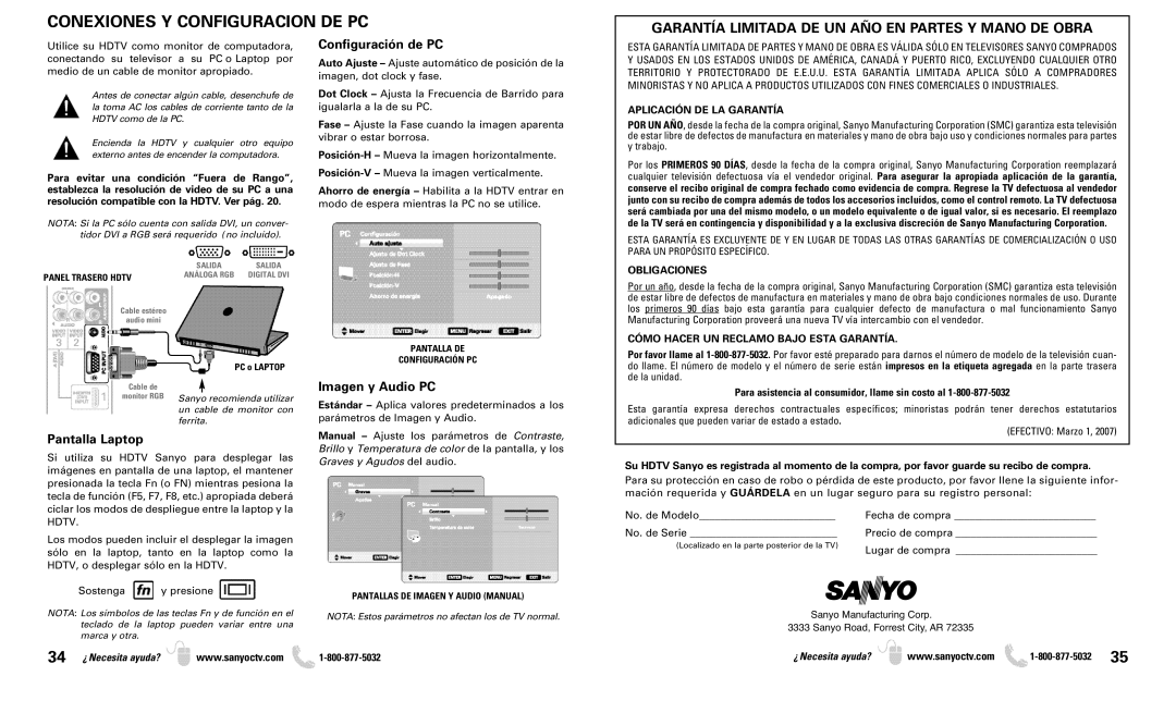 Sanyo DP46819 Conexiones Y Configuracion DE PC, Garantía Limitada DE UN AÑO EN Partes Y Mano DE Obra, Obligaciones 