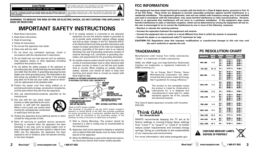 Sanyo DP46819 owner manual FCC Information, Trademarks, PC Resolution Chart, Contains Mercury Lamps Dispose of Properly 