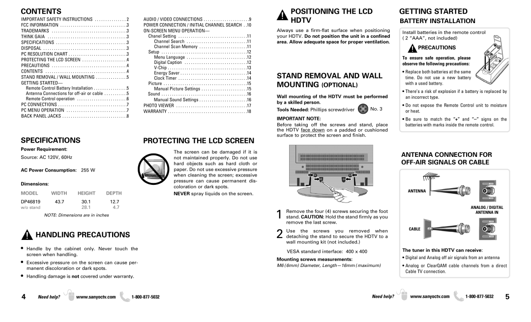 Sanyo DP46819 owner manual Contents, Positioning the LCD Hdtv, Stand Removal and Wall Mounting Optional, Getting Started 