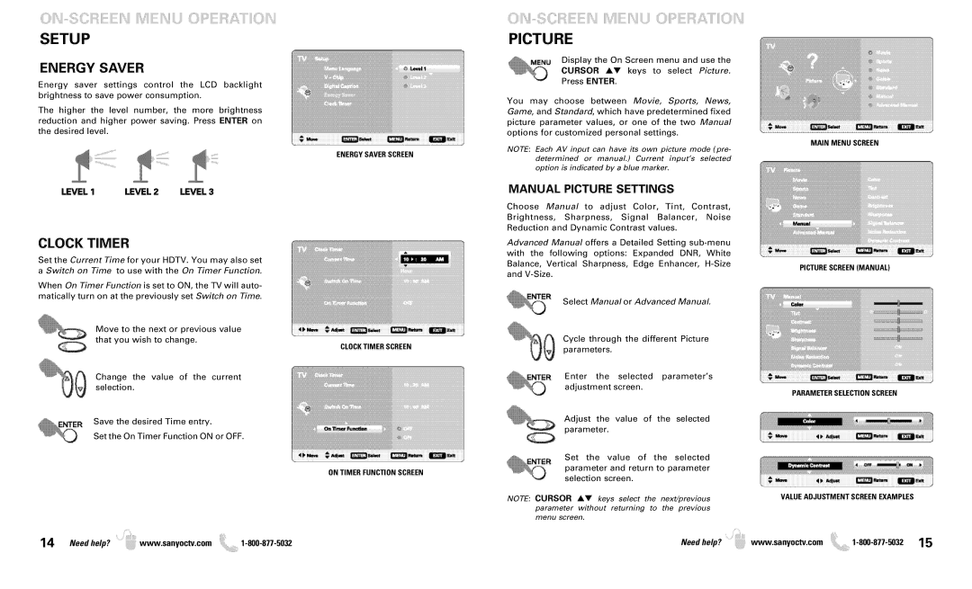 Sanyo DP46819 owner manual ON-SCREEN Menu Operation Picture, Energy Saver, Clock Timer, Manual Picture Settings, Level 