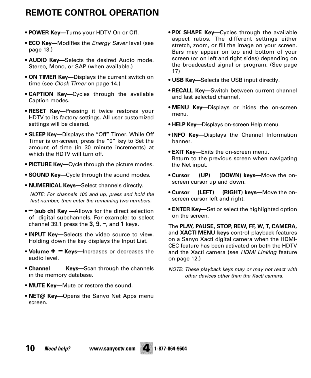 Sanyo DP47460 manual Remote Control Operation 