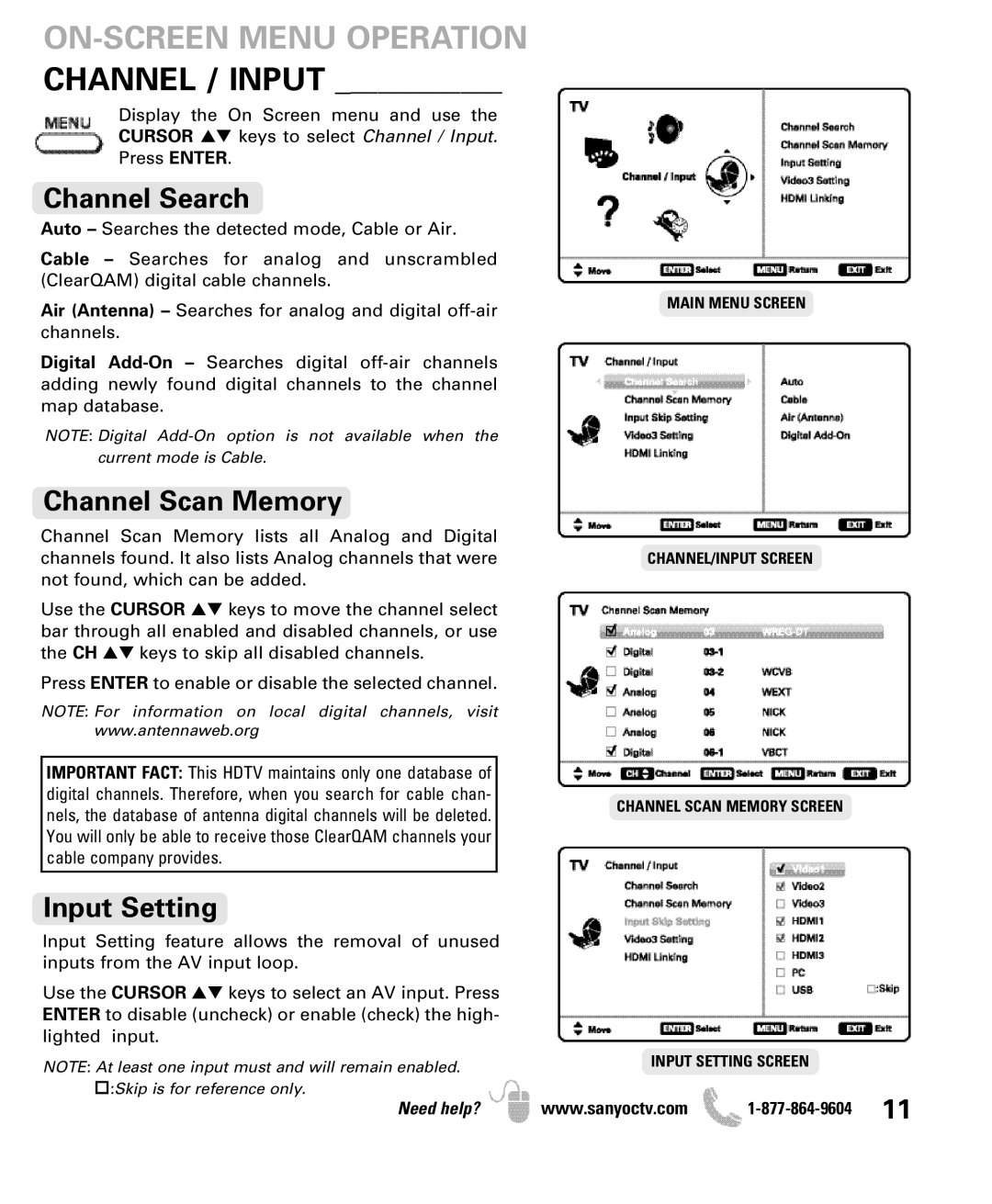 Sanyo DP47460 manual ON-SCREEN Menu Operation, Channel Search, Channel Scan Memory, Input Setting 