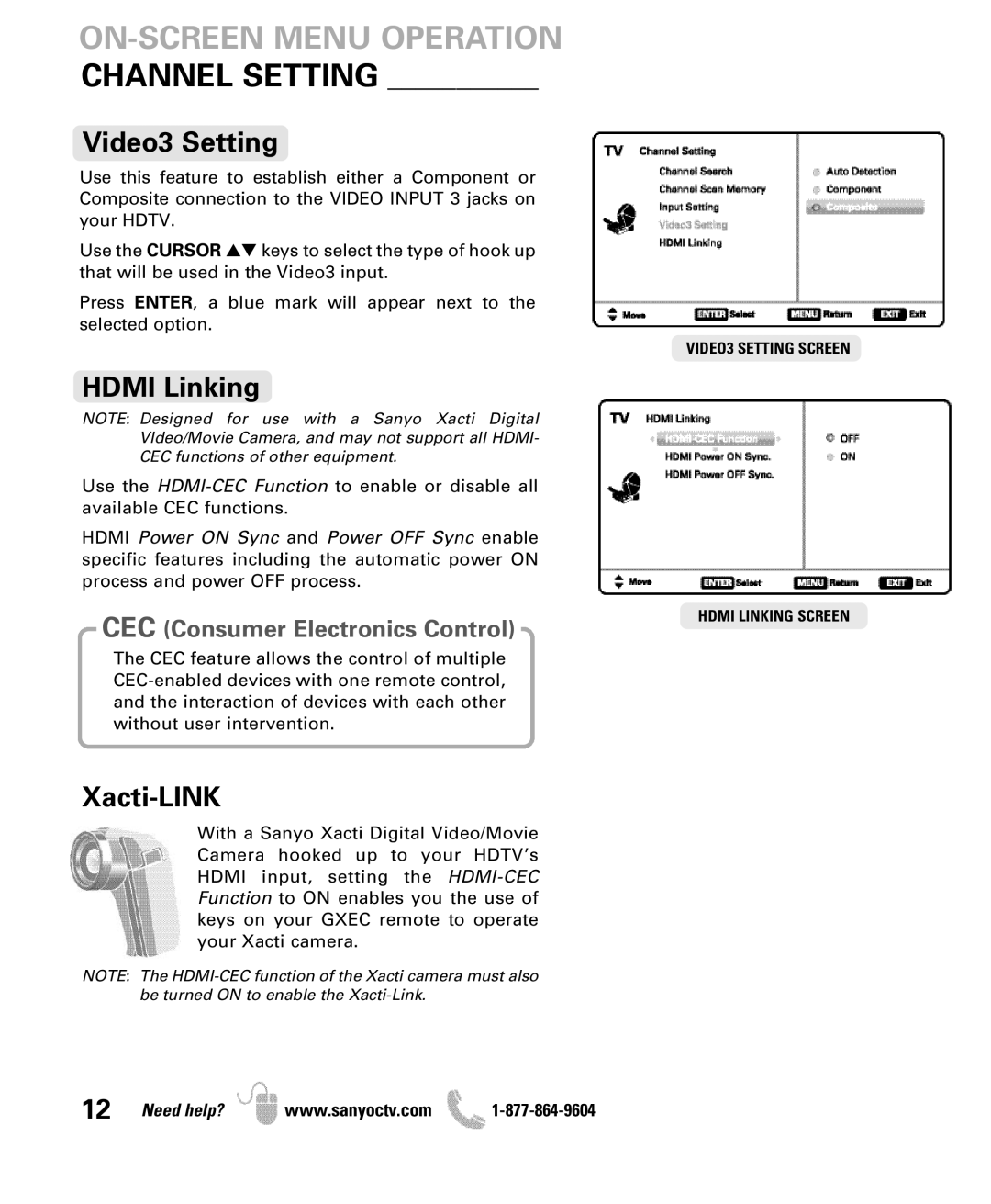 Sanyo DP47460 manual Video3 Setting, Hdmi Linking, Xacti-LINK 