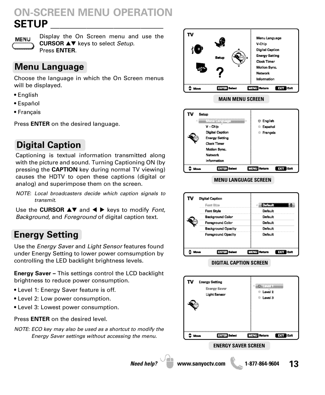 Sanyo DP47460 manual Menu Language, Digital Caption, Energy Setting 