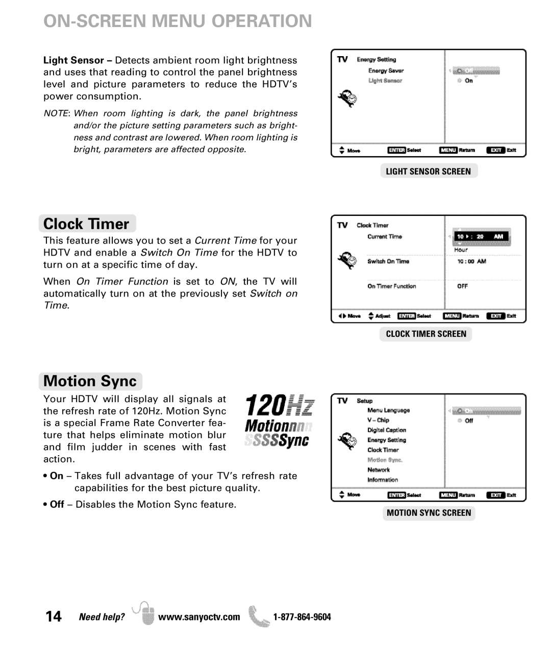 Sanyo DP47460 manual Clock Timer, Motion Sync 