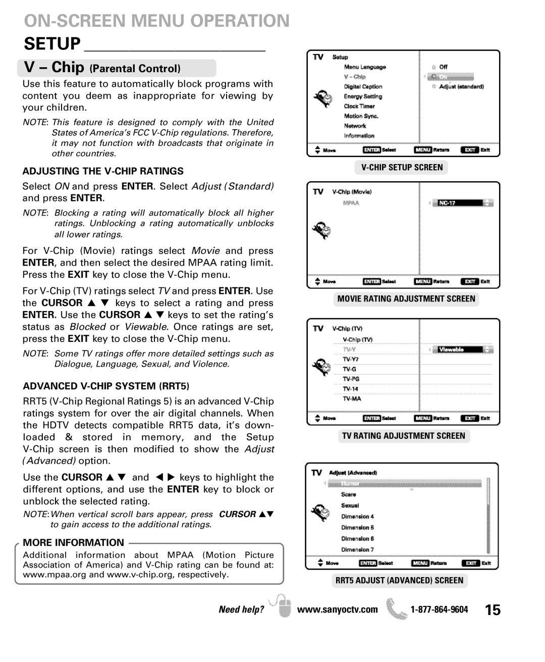 Sanyo DP47460 manual Setup, Adjusting the V-CHIP Ratings, Advanced V-CHIP System RRT5, More Information 