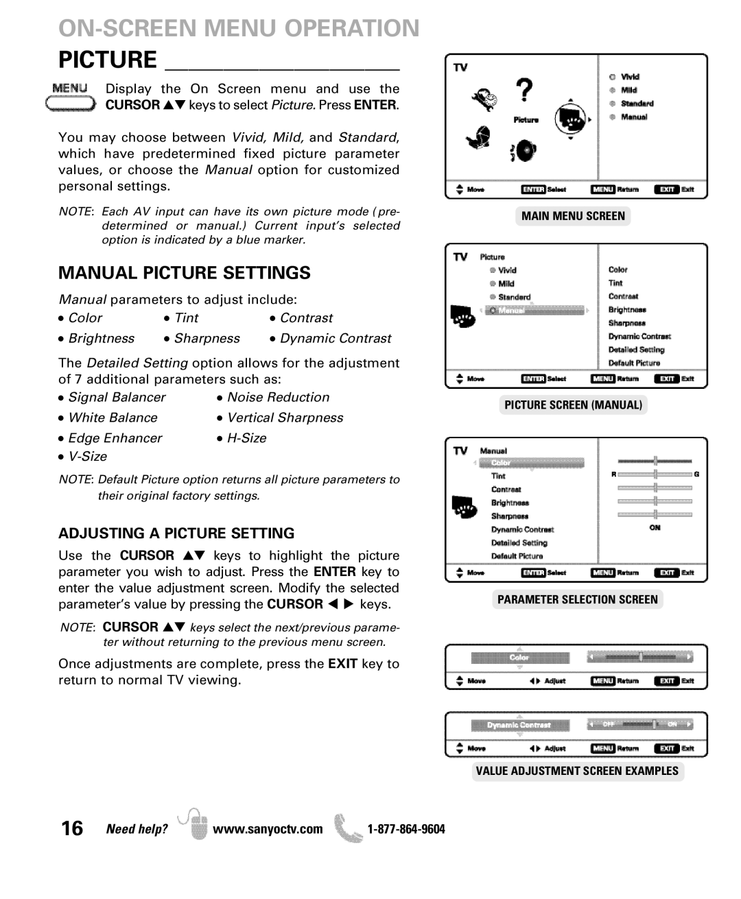 Sanyo DP47460 manual ON-SCREEN Menu Operation Picture, Manual Picture Settings 