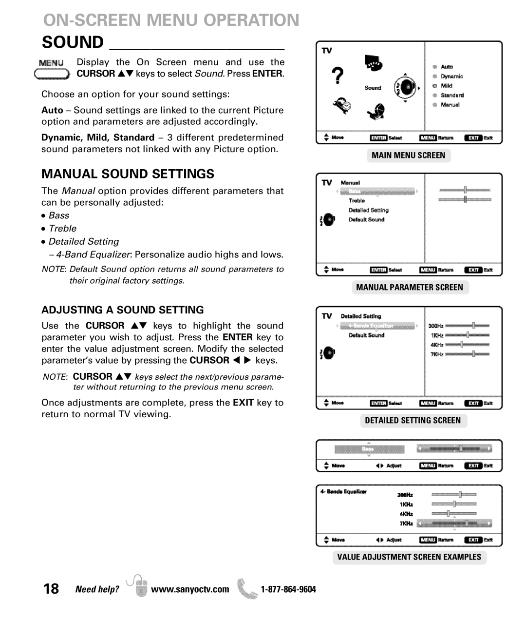 Sanyo DP47460 manual ON-SCREEN Menu Operation Sound, Manual Sound Settings 