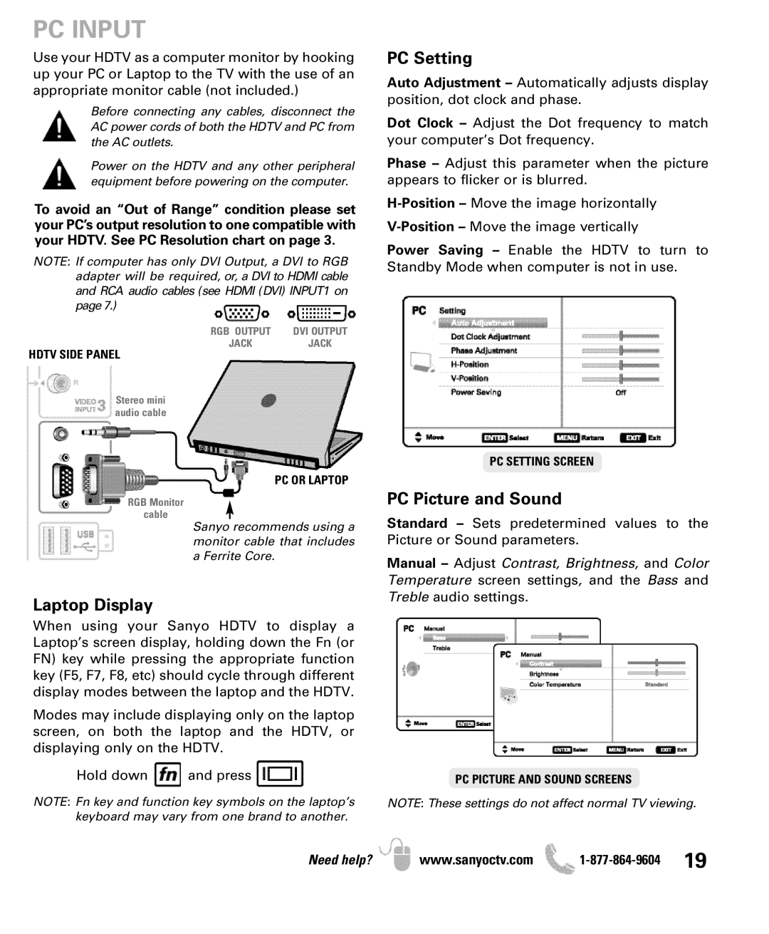 Sanyo DP47460 manual PC Input, Laptop Display 