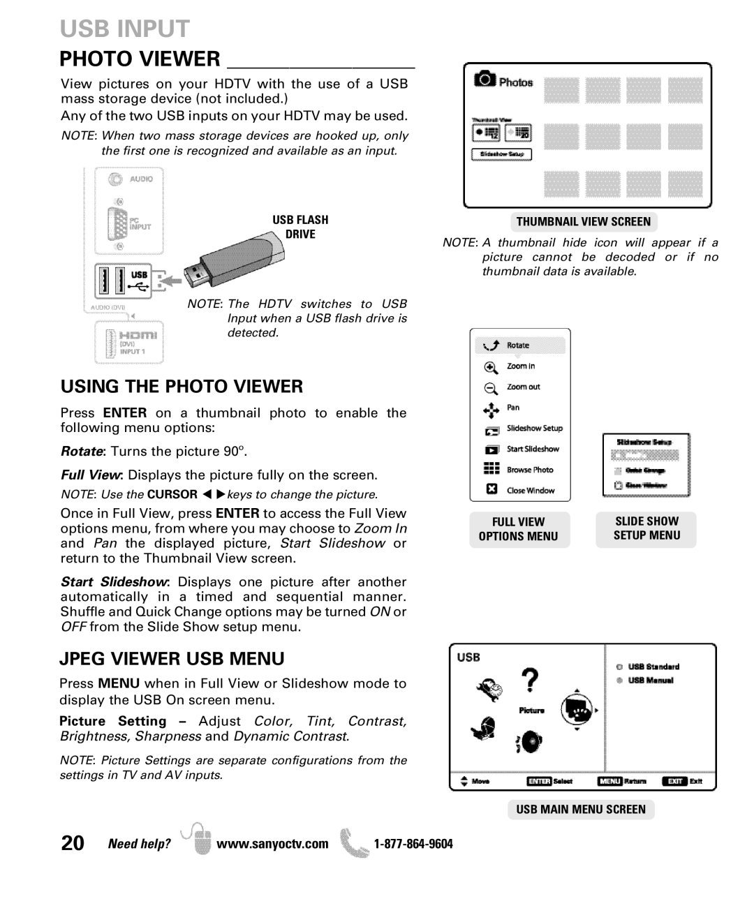 Sanyo DP47460 manual USB Input, Using the Photo Viewer, Jpeg Viewer USB Menu 