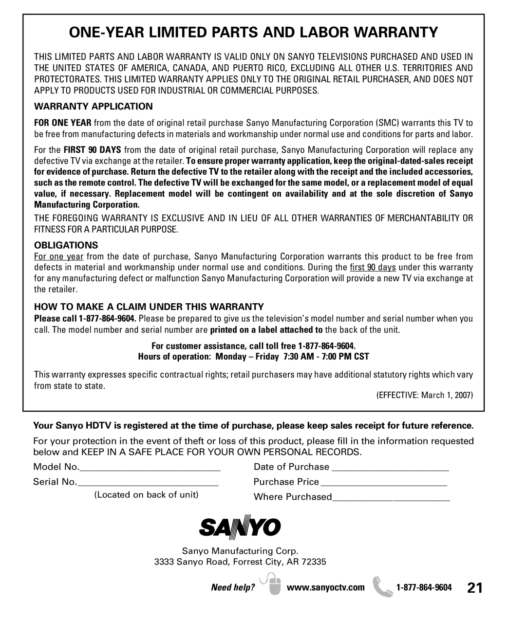 Sanyo DP47460 manual ONE-YEAR Limited Parts and Labor Warranty, Warranty Application, Obligations 