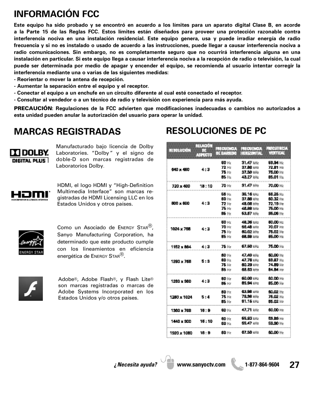 Sanyo DP47460 manual Información FCC, Marcas Registradas 