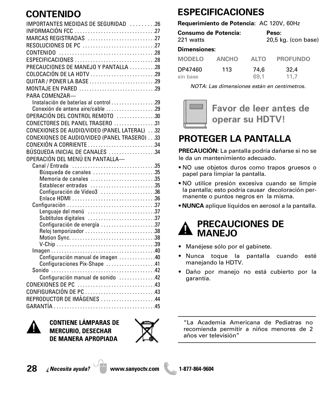 Sanyo DP47460 manual Contenido, Especificaciones, Proteger LA Pantalla, Precauciones DE Manejo 