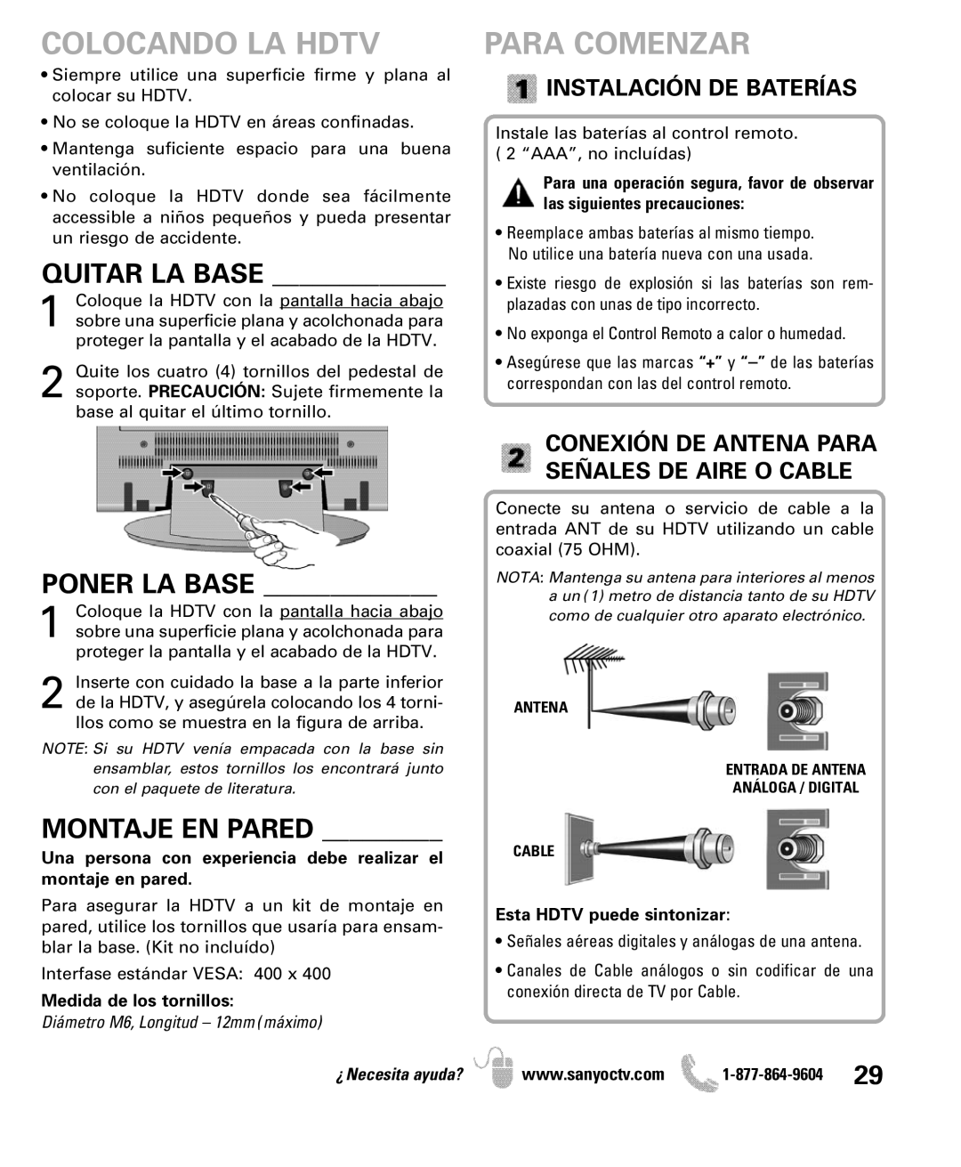 Sanyo DP47460 manual Colocando LA Hdtv, Para Comenzar, Quitar LA Base, Poner LA Base, Montaje EN Pared 