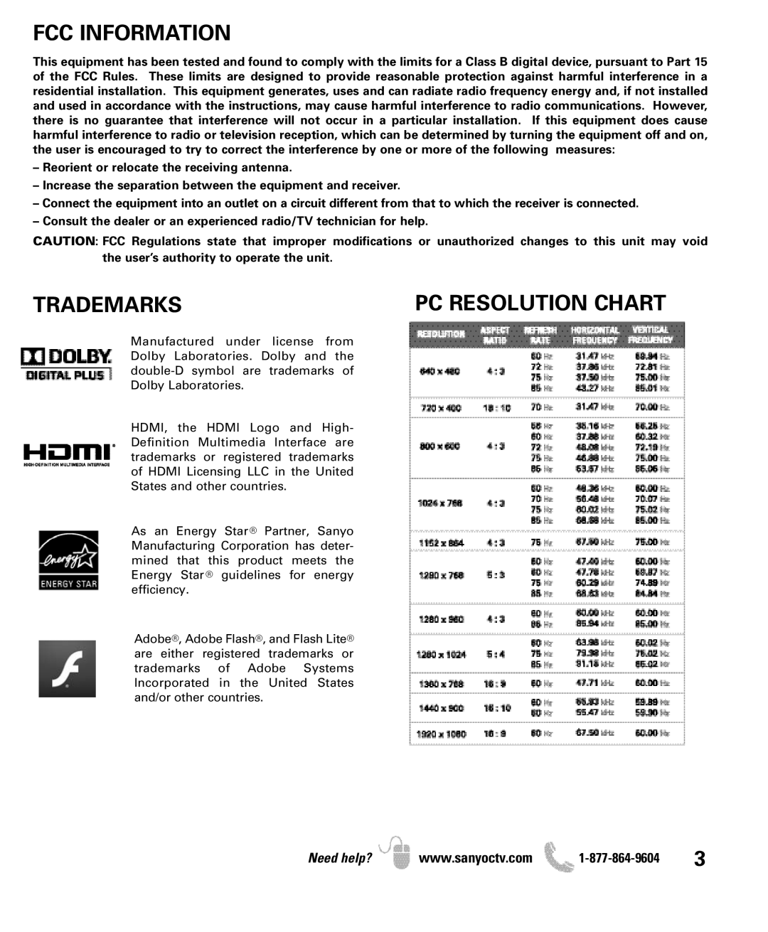 Sanyo DP47460 manual FCC Information, Trademarks 