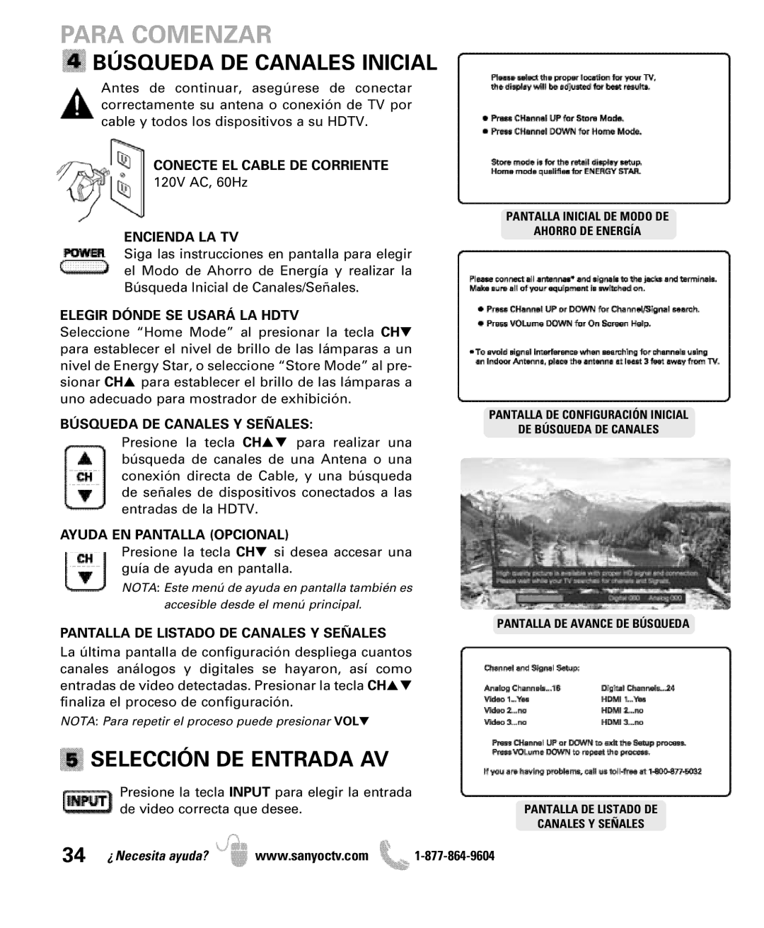 Sanyo DP47460 manual Búsqueda DE Canales Inicial, Selección DE Entrada AV 