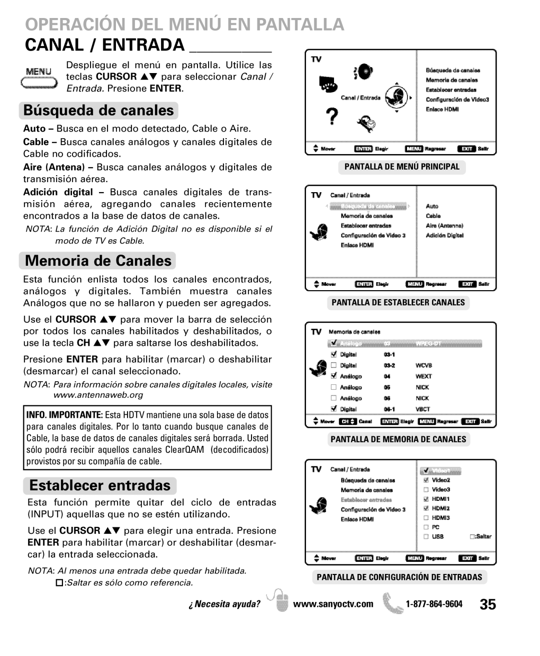 Sanyo DP47460 manual Operación DEL Menú EN Pantalla, Búsqueda de canales, Memoria de Canales, Establecer entradas 