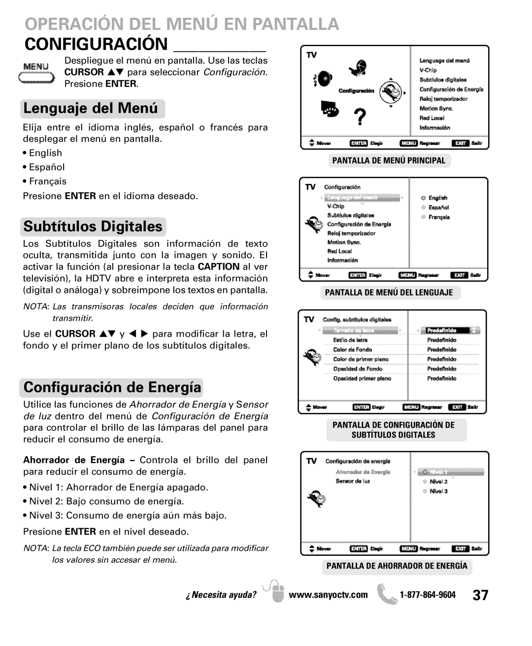 Sanyo DP47460 manual Operación DEL Menú EN Pantalla Configuración, Lenguaje del Menú, Subtítulos Digitales 