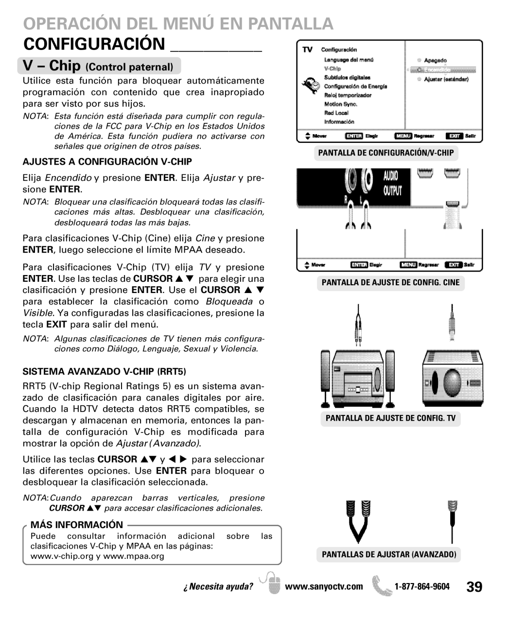 Sanyo DP47460 manual Ajustes a Configuración V-CHIP, Sistema Avanzado V-CHIP RRT5, MÁS Información 