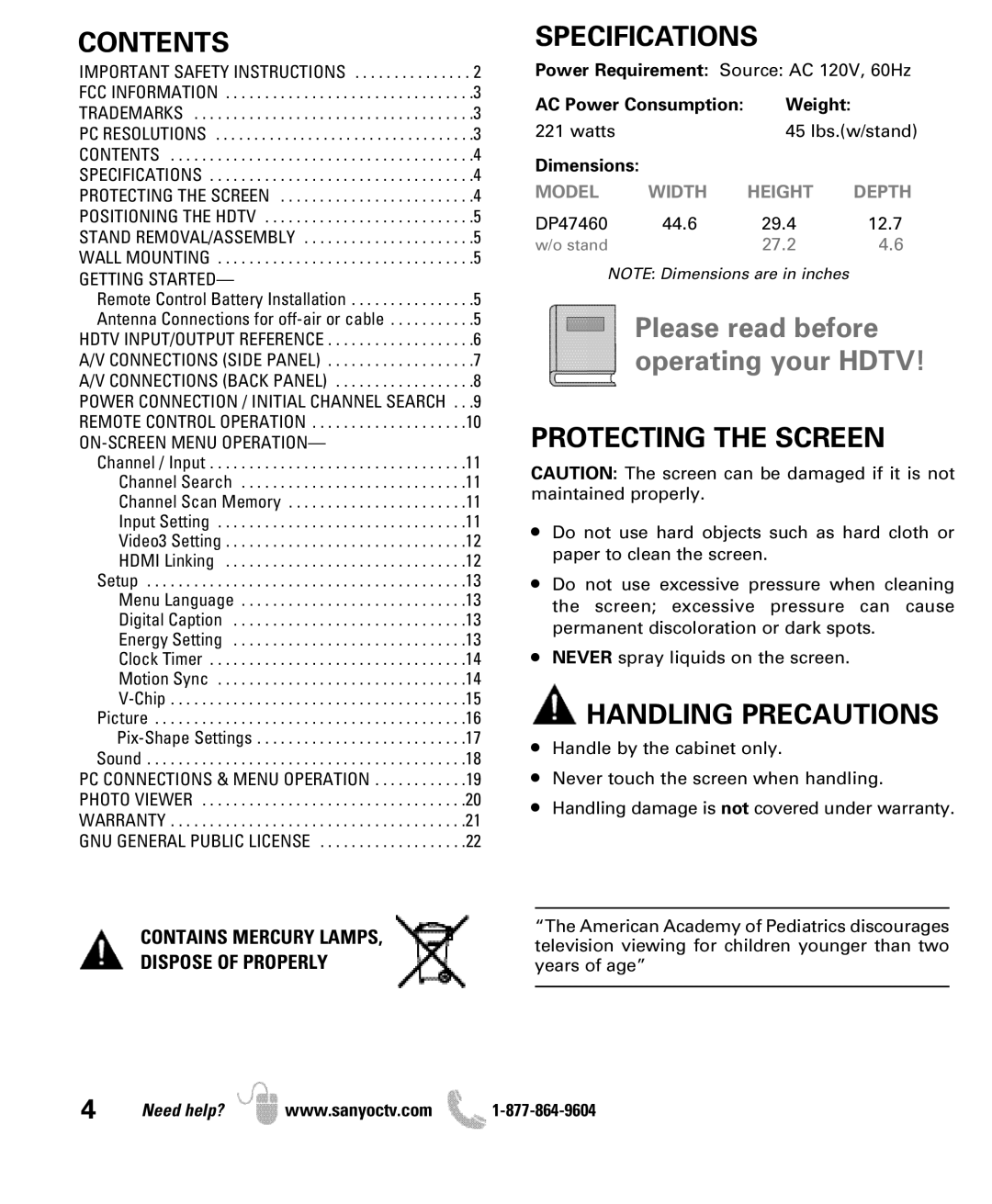 Sanyo DP47460 manual Contents, Specifications, Protecting the Screen, Handling Precautions 