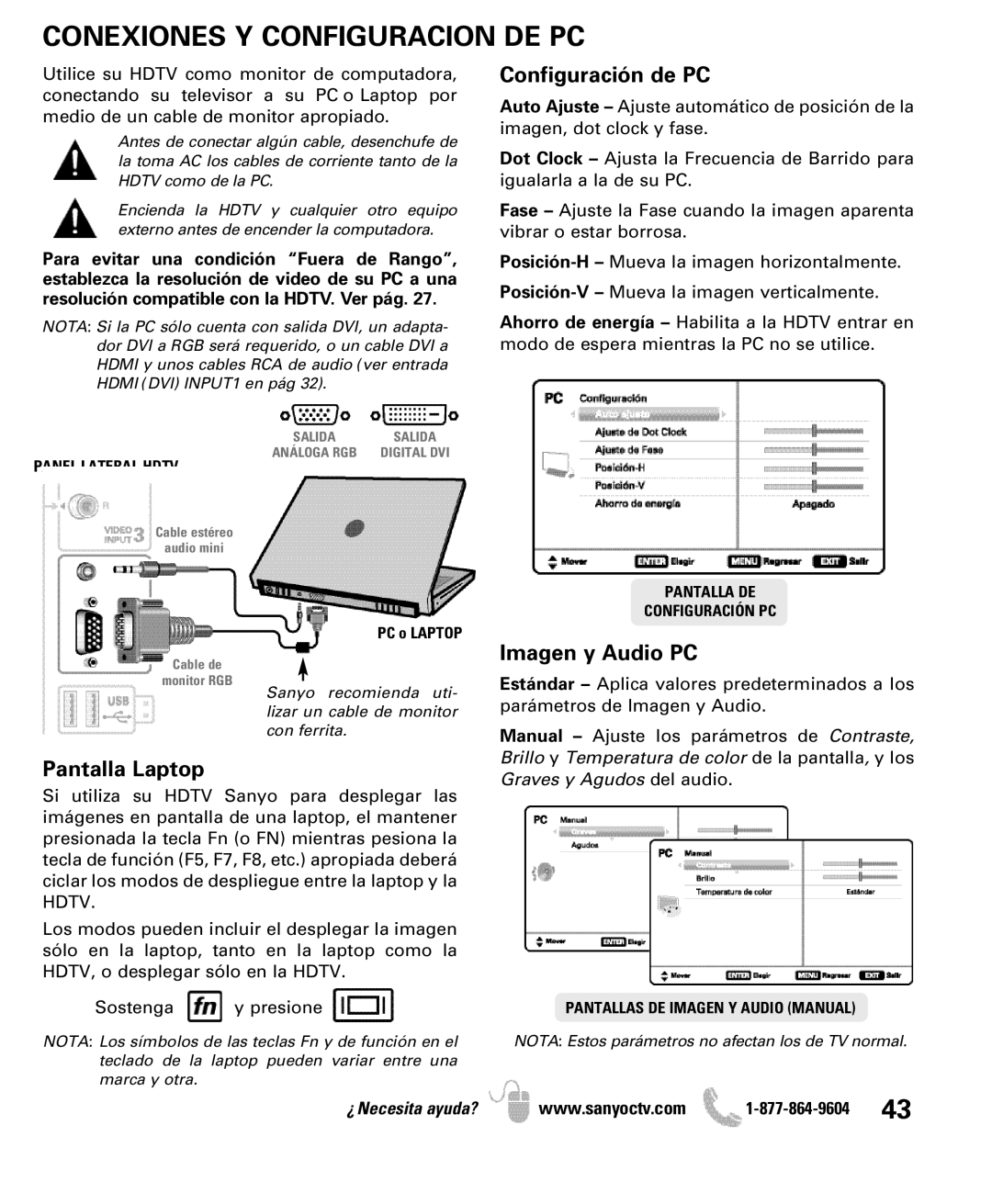 Sanyo DP47460 manual Conexiones Y Configuracion DE PC, Panel Lateral Hdtv 