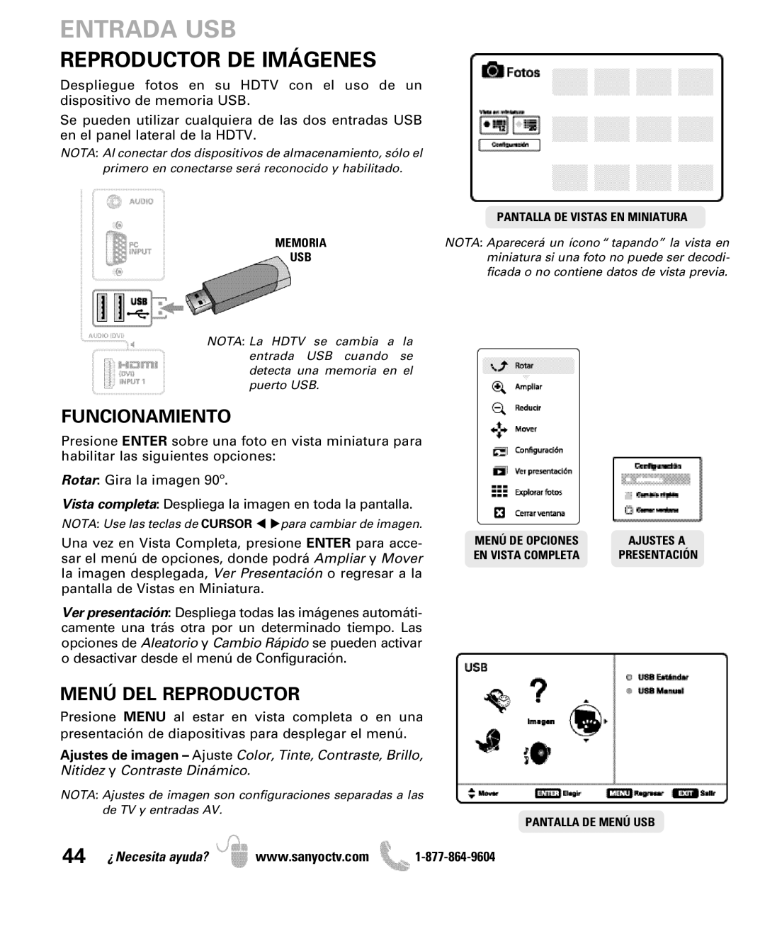 Sanyo DP47460 manual Entrada USB, Reproductor DE Imágenes, Funcionamiento, Menú DEL Reproductor 