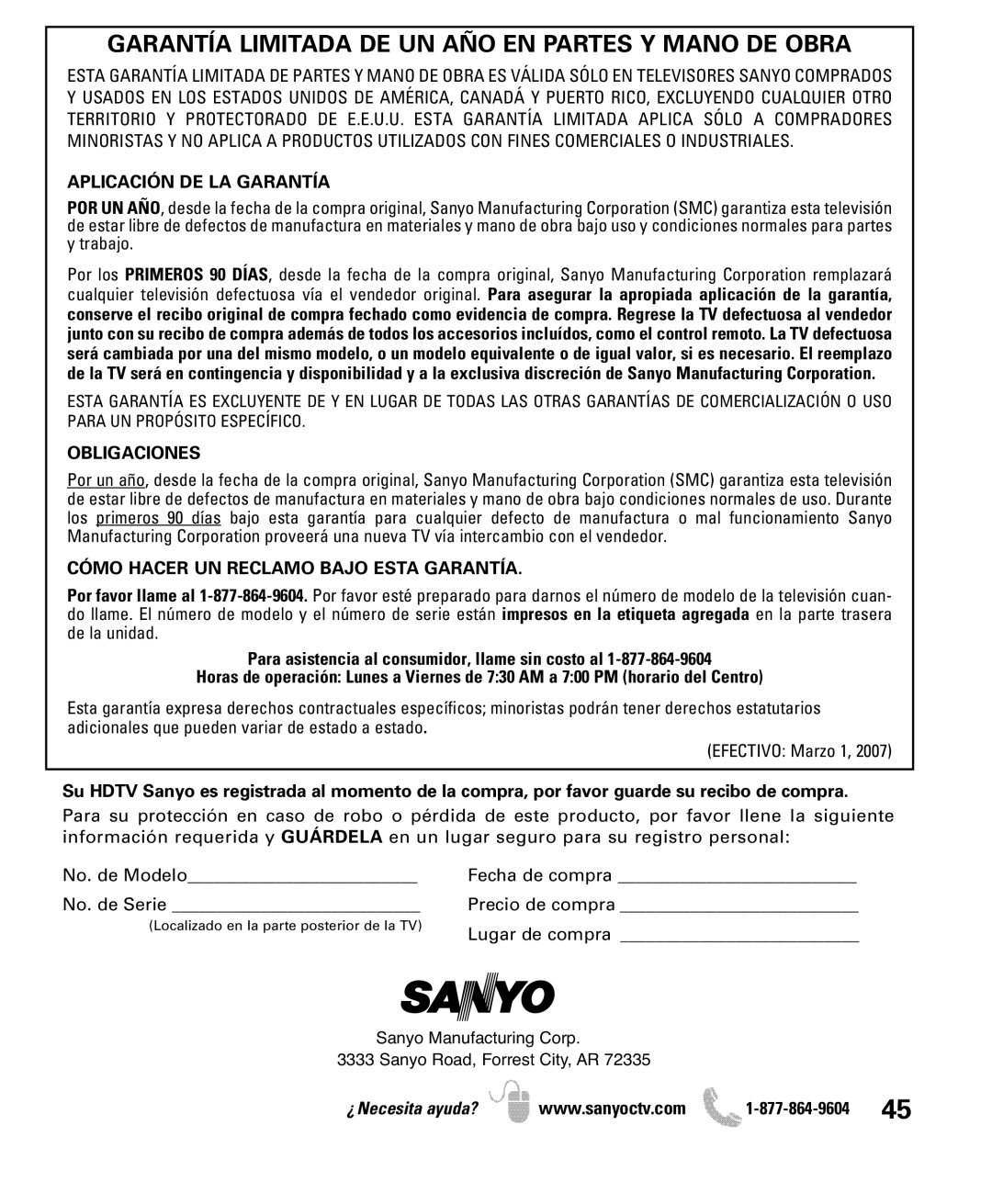 Sanyo DP47460 manual Garantía Limitada DE UN AÑO EN Partes Y Mano DE Obra, Aplicación DE LA Garantía, Obligaciones 