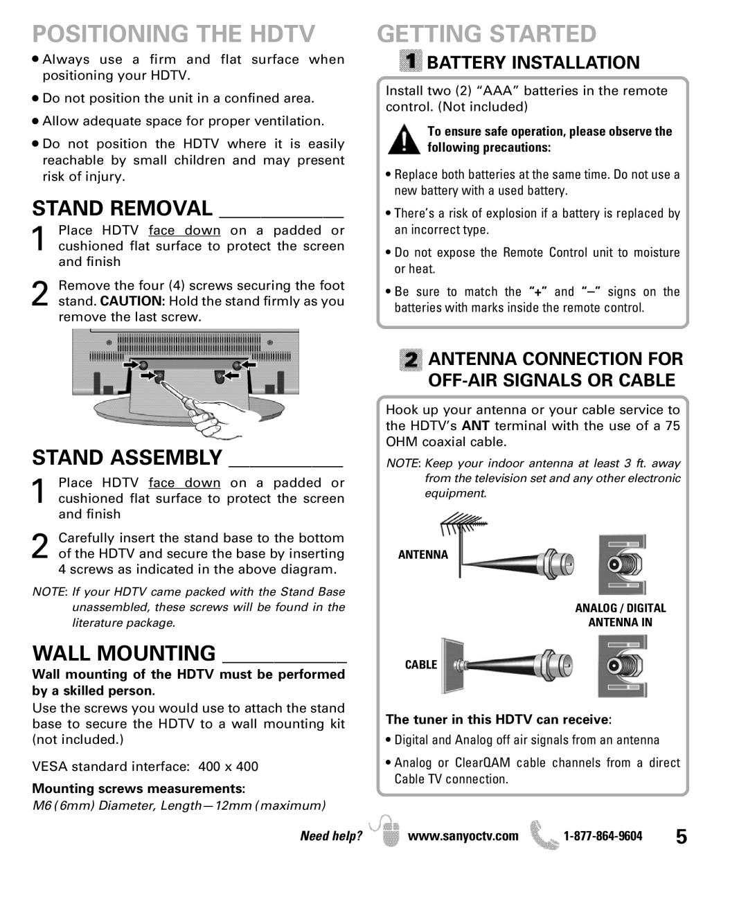 Sanyo DP47460 manual Positioning the Hdtv, Getting Started, Stand Removal, Stand Assembly, Wall Mounting 