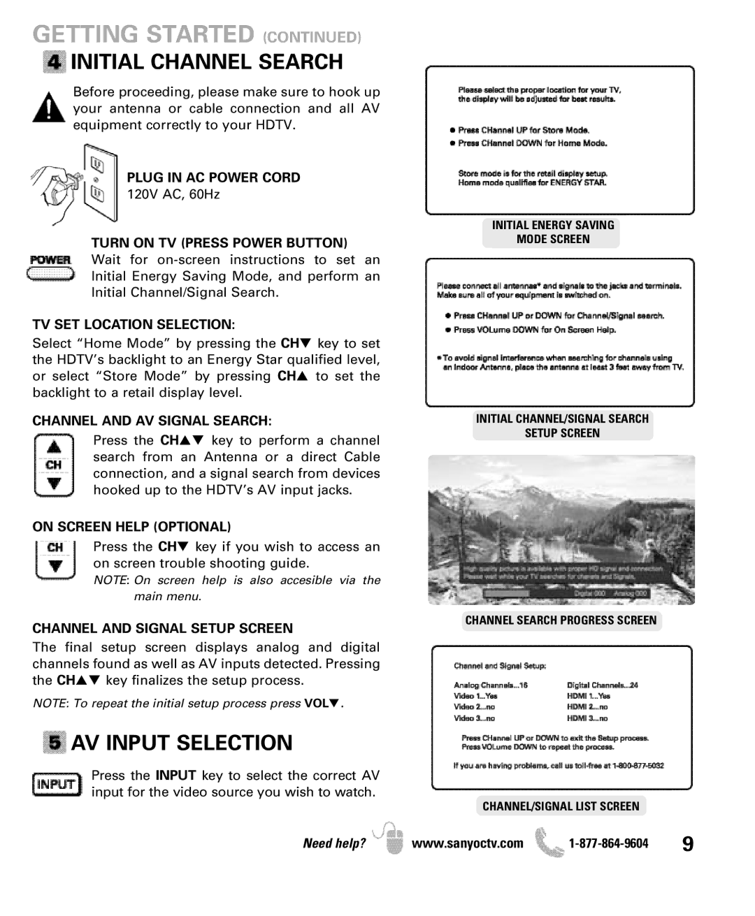 Sanyo DP47460 manual Initial Channel Search, AV Input Selection 