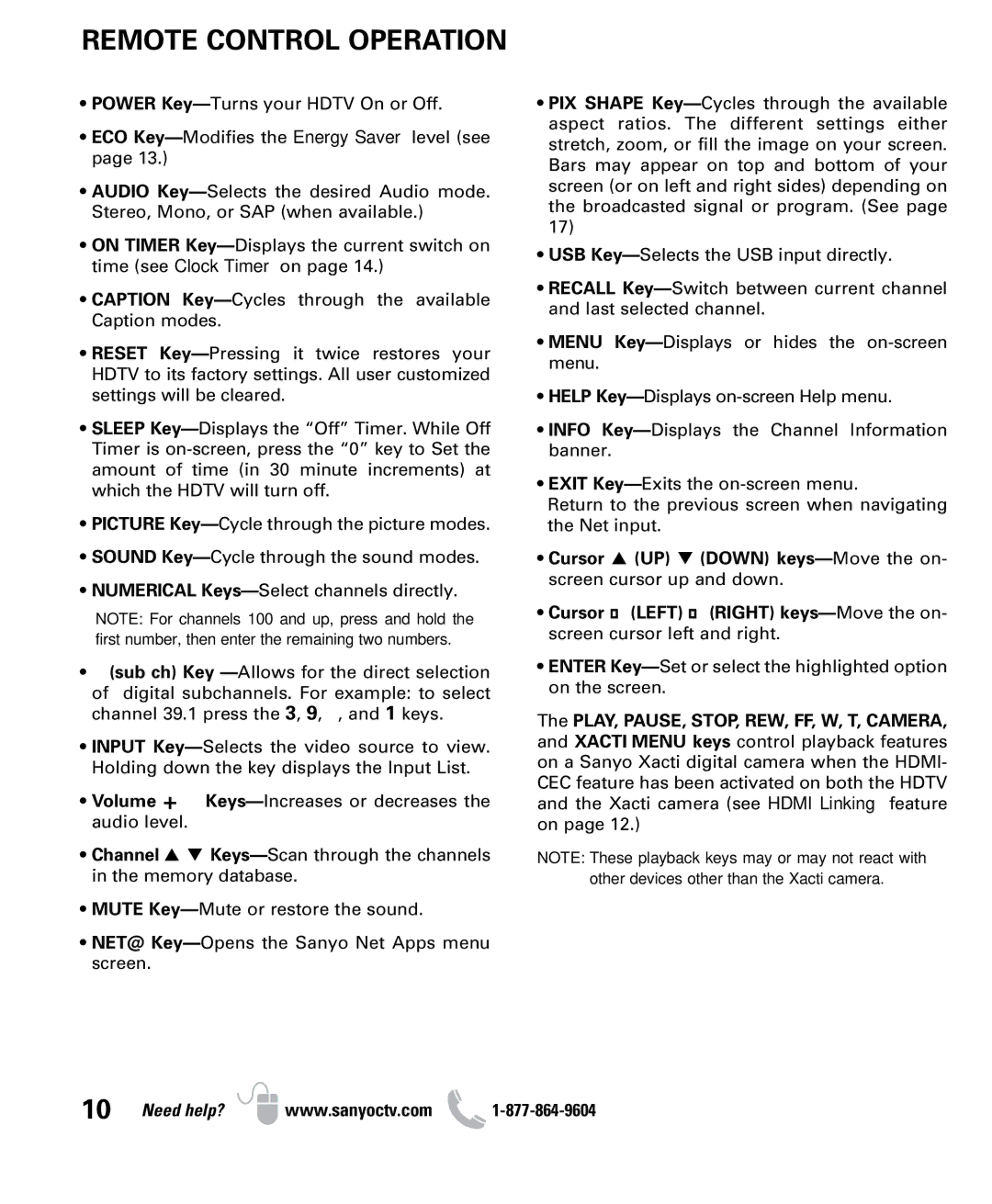 Sanyo DP47460 owner manual Remote Control Operation 