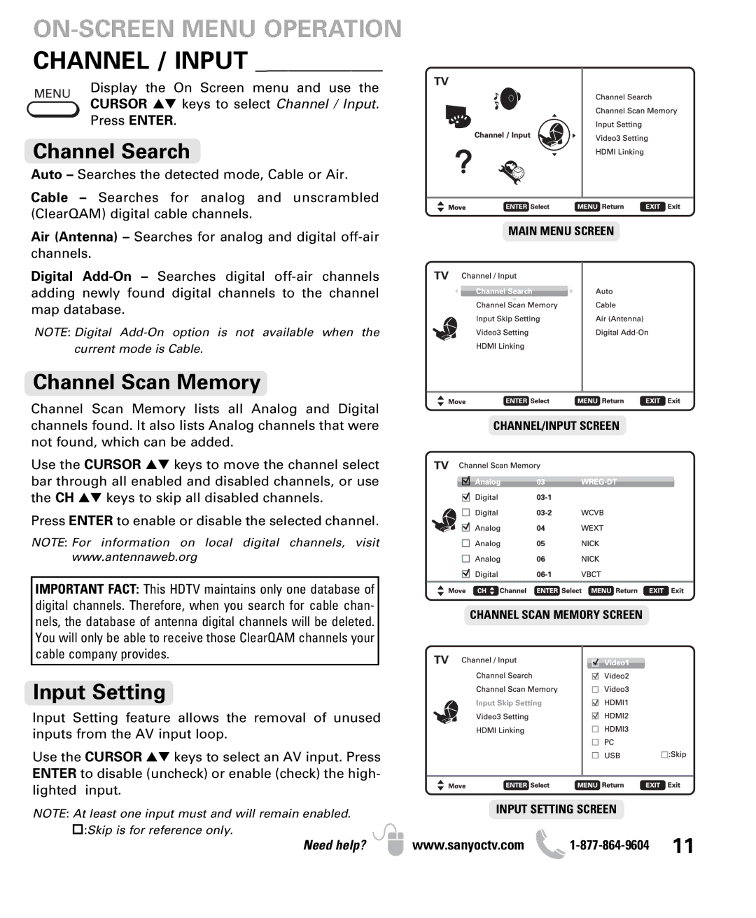 Sanyo DP47460 owner manual ON-SCREEN Menu Operation, Channel Search, Channel Scan Memory, Input Setting 