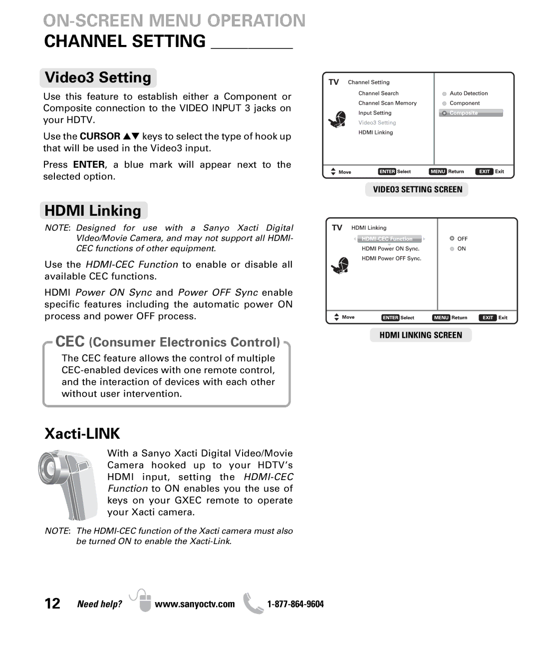 Sanyo DP47460 owner manual Video3 Setting, Hdmi Linking, Xacti-LINK 