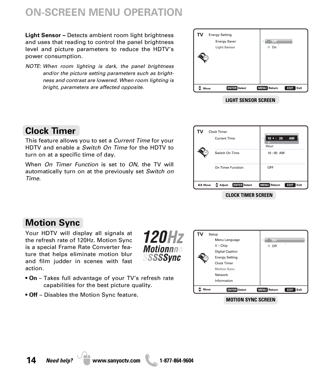 Sanyo DP47460 owner manual Clock Timer, Motion Sync 