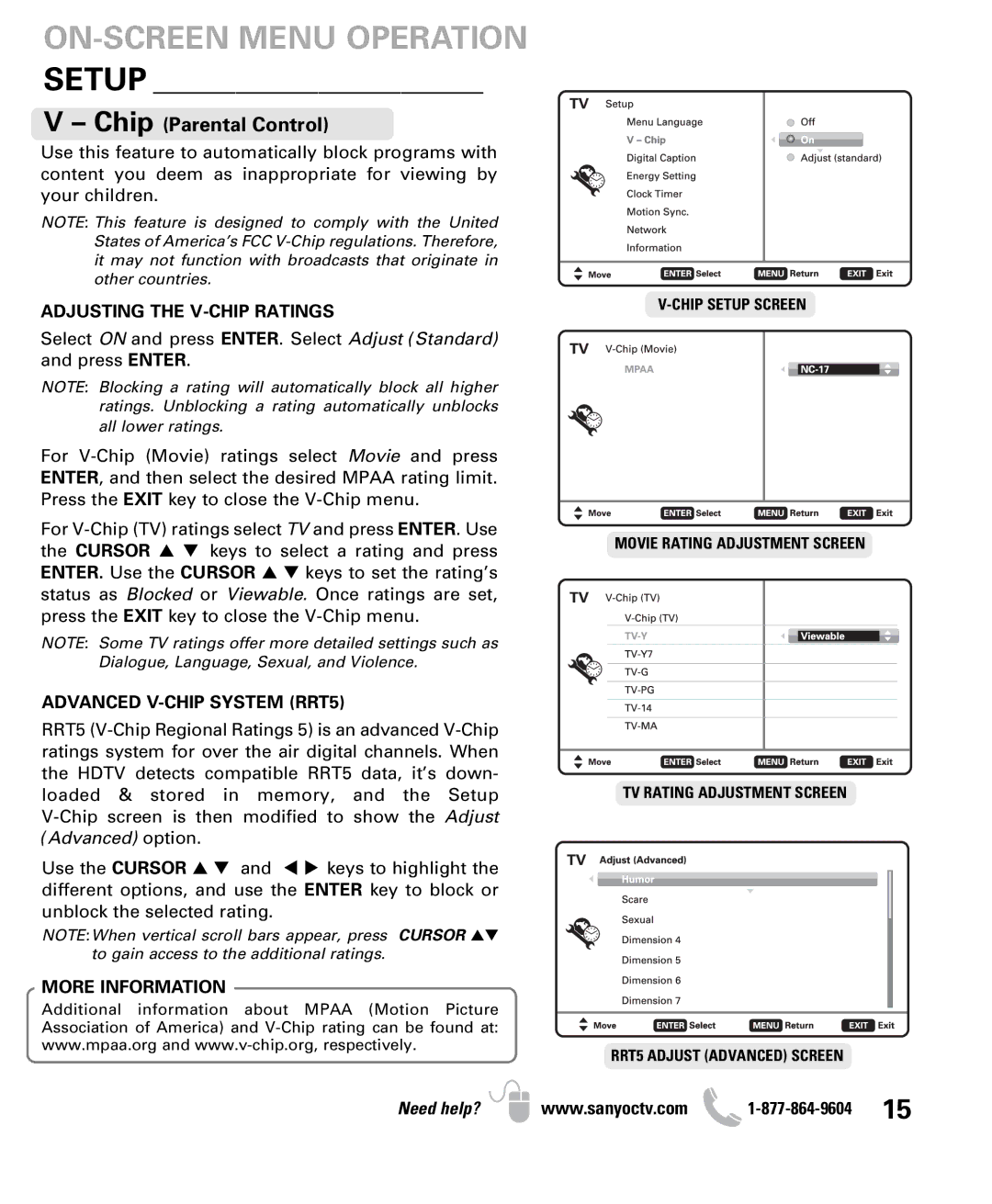 Sanyo DP47460 owner manual Setup, Chip Parental Control 