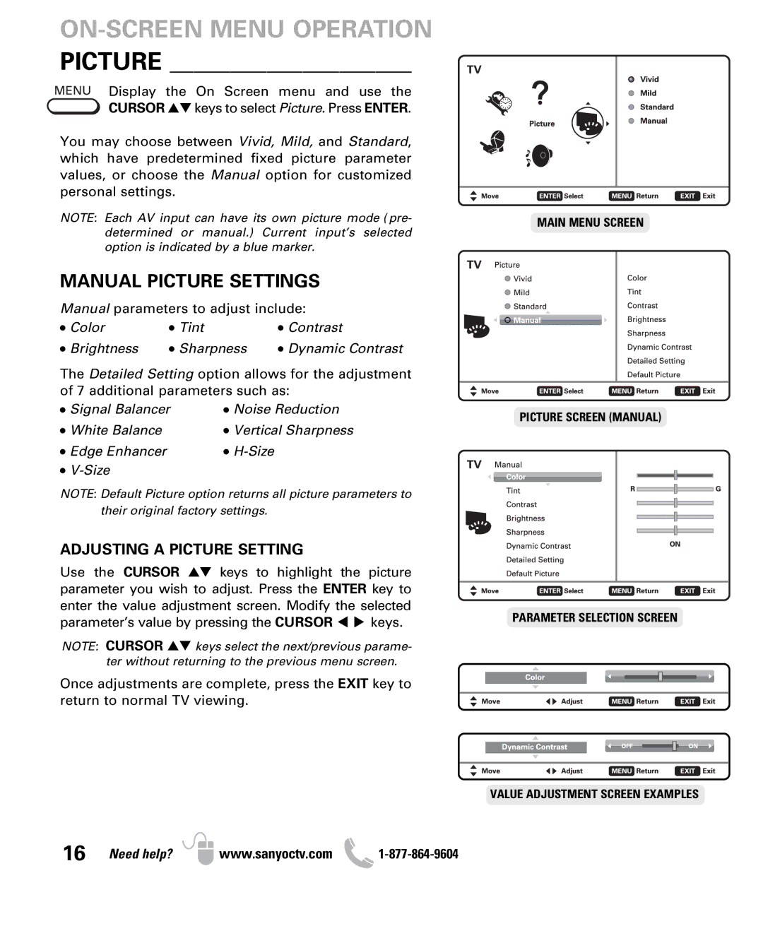 Sanyo DP47460 owner manual ON-SCREEN Menu Operation Picture 