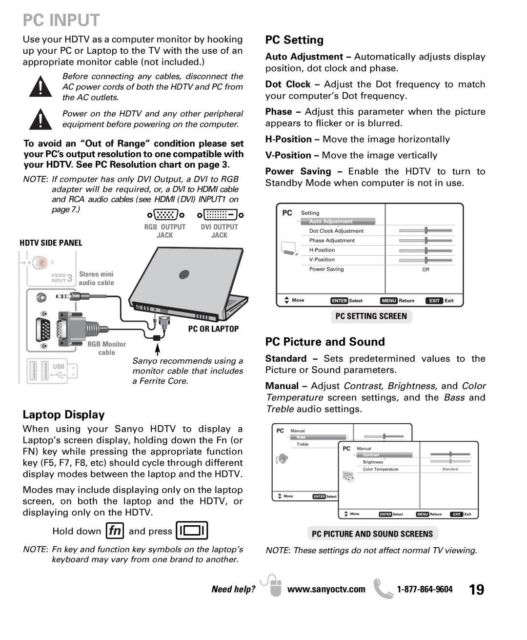 Sanyo DP47460 owner manual PC Input, Hdtv Side Panel 