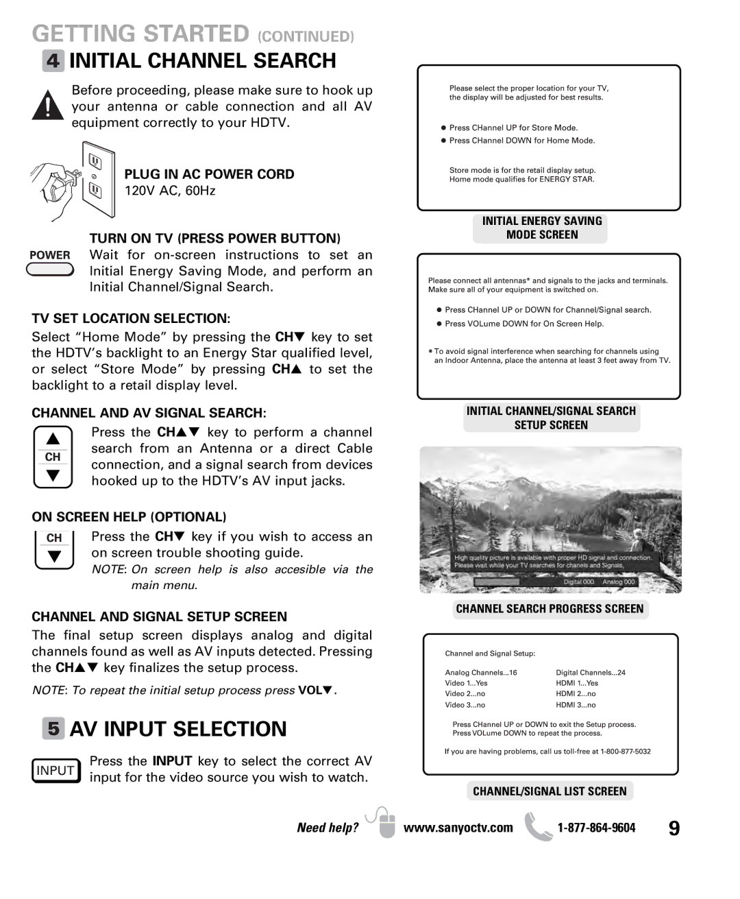 Sanyo DP47460 owner manual Initial Channel Search, AV Input Selection 