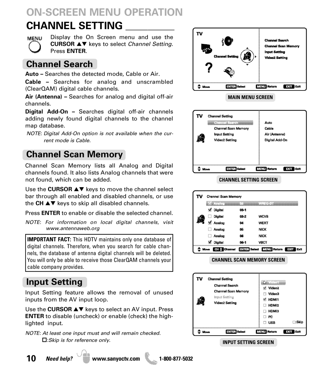 Sanyo DP47840 manual ON-SCREEN Menu Operation Channel Setting, Channel Search, Channel Scan Memory, Input Setting 