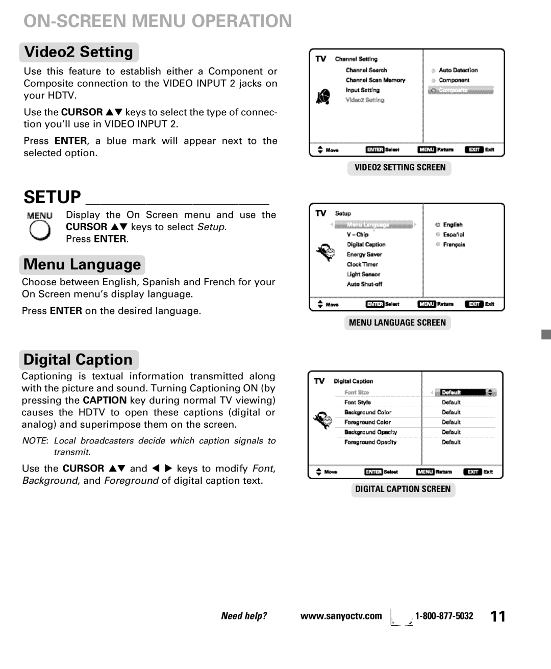 Sanyo DP47840 manual ON-SCREEN Menu Operation, Video2 Setting, Setup, Menu Language, Digital Caption 