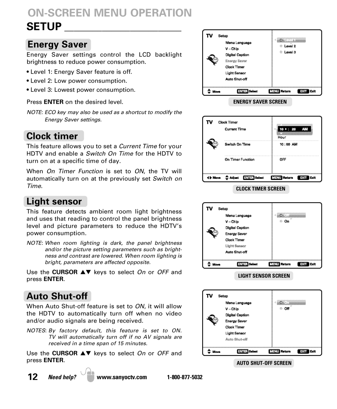 Sanyo DP47840 manual Setup Energy Saver, Clock timer, Light sensor, Auto Shut-off 