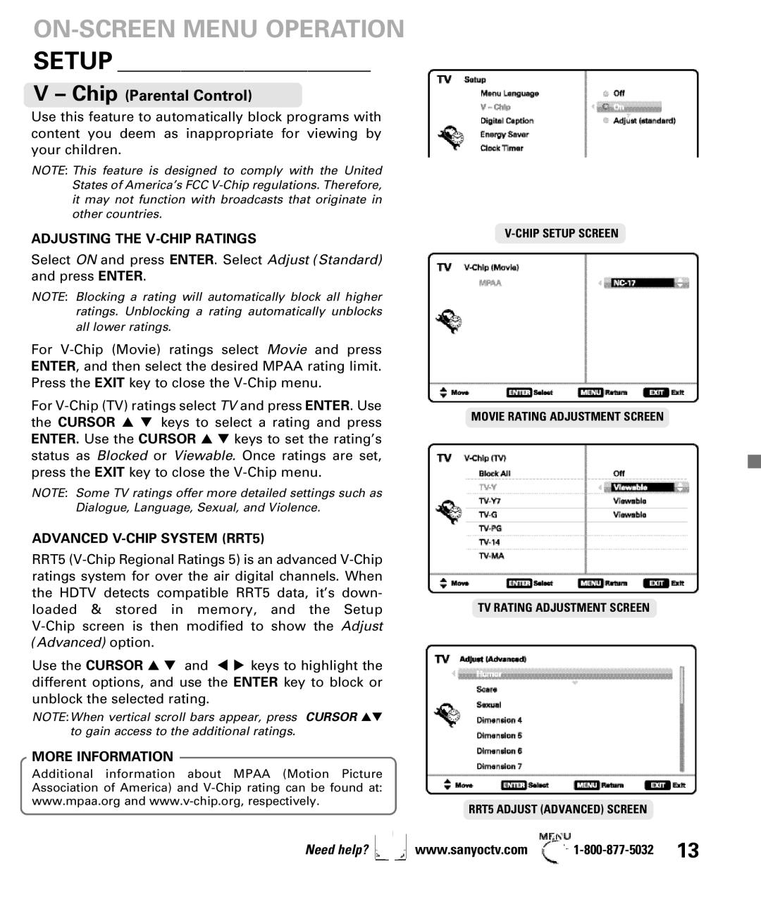 Sanyo DP47840 manual Adjusting the V-CHIP Ratings, Advanced V-CHIP System RRT5, More Information 