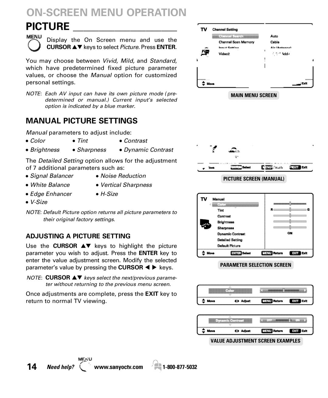 Sanyo DP47840 manual Manual Picture Settings, Adjusting a Picture Setting 